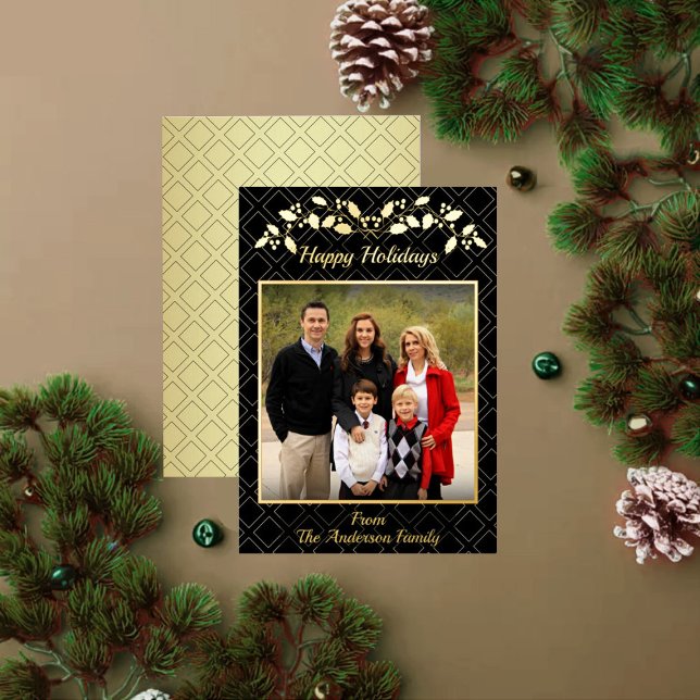 Happy Holidays Family Photo Name Blue Gold Foil Holiday Card (Creator Uploaded)