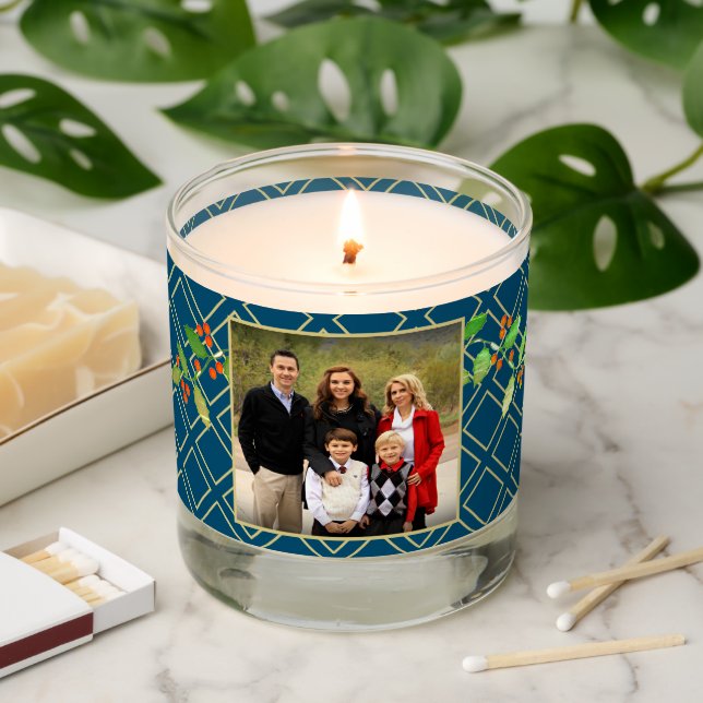 Happy Holidays Family Photo Name Gold Blue Diamond Scented Candle (Lit)