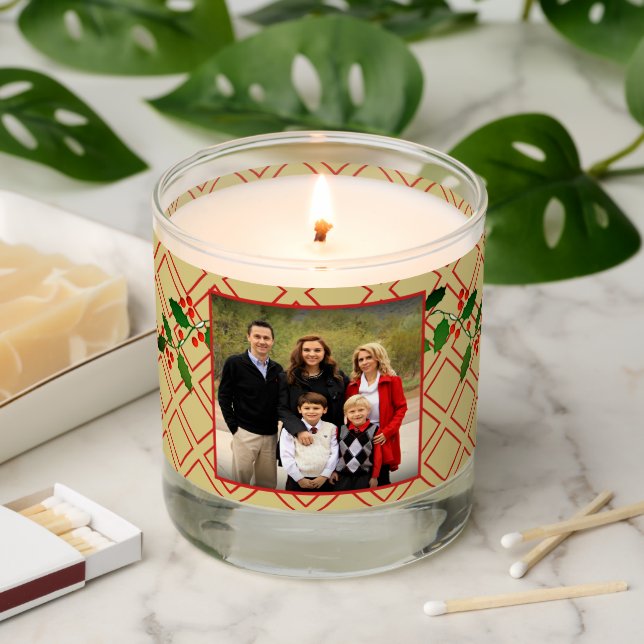 Happy Holidays Family Photo Name Gold Red Diamond Scented Candle (Lit)