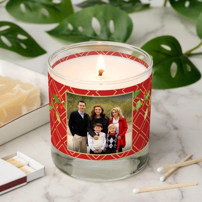 Happy Holidays Family Photo Name Red Gold Diamond Scented Candle (Lit)