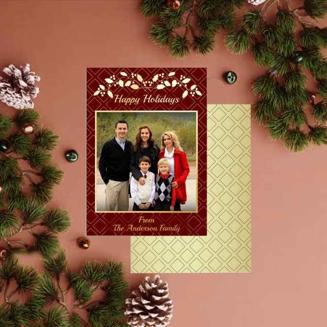 Happy Holidays Family Photo Name Red Gold Foil Holiday Card (Creator Uploaded)