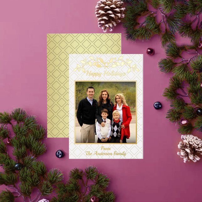 Happy Holidays Family Photo Name White Gold Foil Holiday Card (Creator Uploaded)