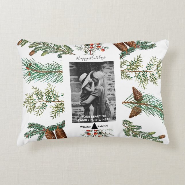 Happy Holidays Family Photo Pine Christmas Accent Pillow (Front)