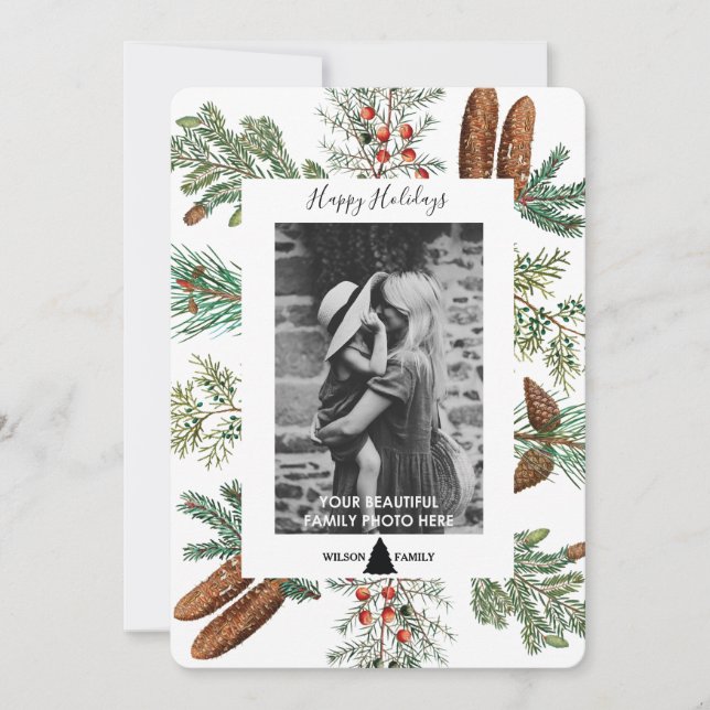 Happy Holidays Family Photo Pine Christmas Card (Front)