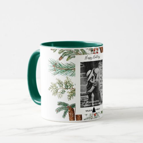 Happy Holidays Family Photo Pine Christmas  Mug