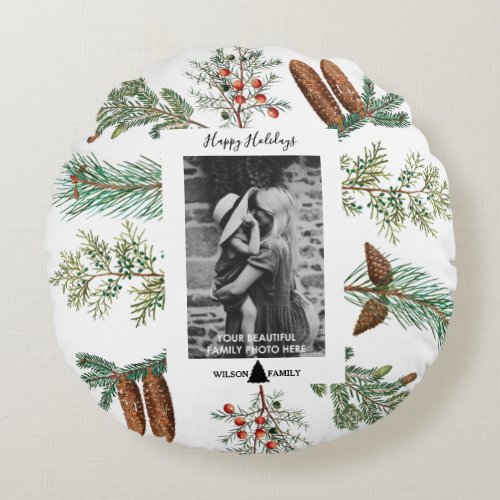 Happy Holidays Family Photo Pine Christmas Round Pillow