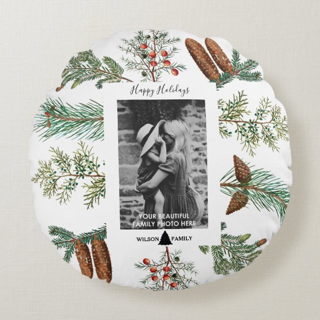 Happy Holidays Family Photo Pine Christmas Round Pillow (Front)