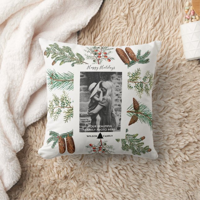 Happy Holidays Family Photo Pine Christmas  Throw Pillow (Blanket)