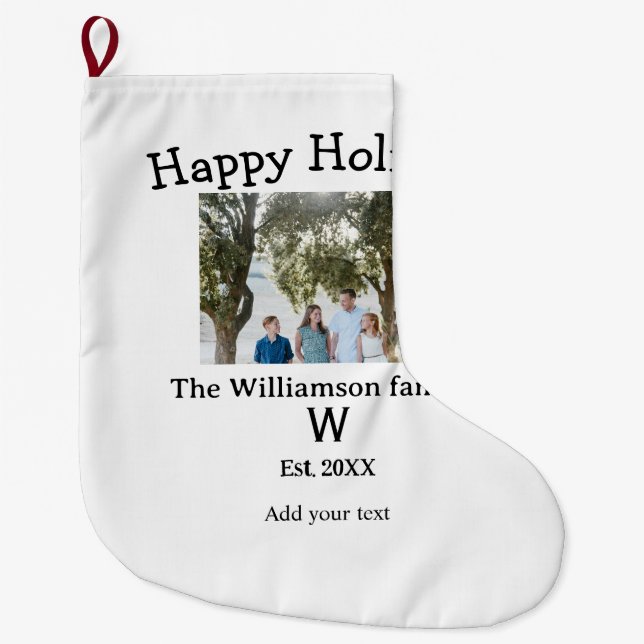 Happy holidays family photo renuion name letter ye large christmas stocking (Front)