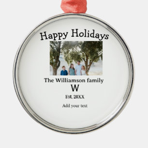 Happy holidays family photo renuion name letter ye metal ornament
