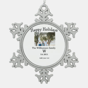Happy holidays family photo renuion name letter ye snowflake pewter christmas ornament