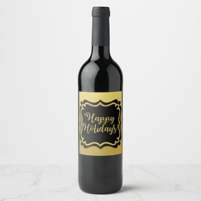 Happy Holidays! Faux Gold Glitter and Black Wine Label (Front)