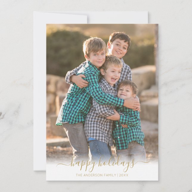 Happy Holidays Faux Gold Script Christmas Photo Holiday Card (Front)