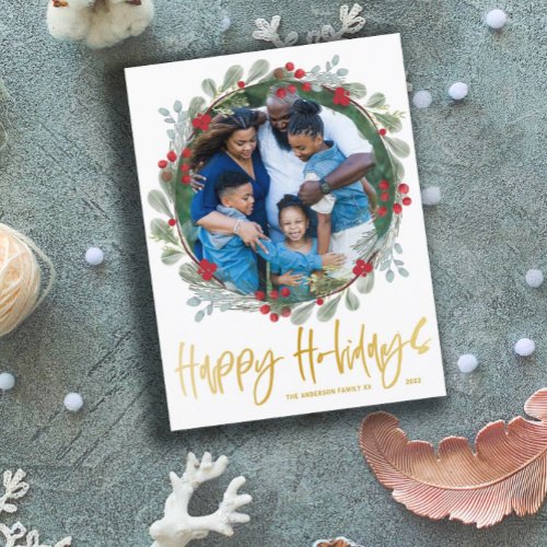 Happy Holidays Faux Gold Text Photo Christmas Postcard