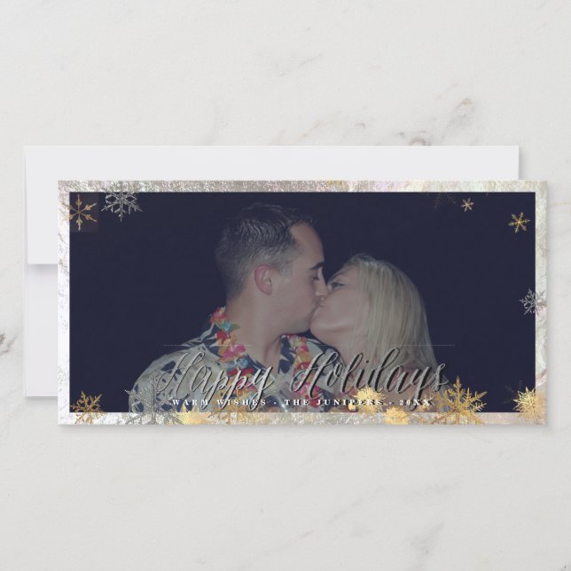 Happy Holidays Faux Silver+Gold Snowflakes Holiday Card (Front)