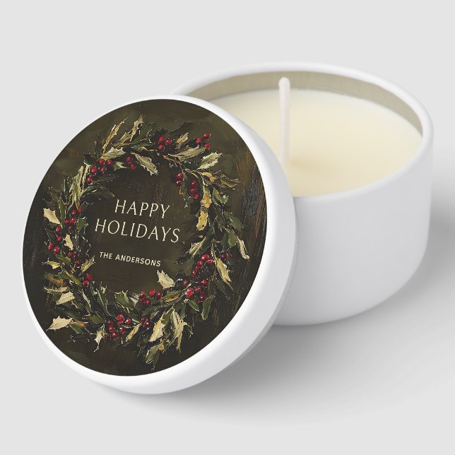 Happy Holidays Festive Christmas Wreath Name Mini Candle Favors (Corner)