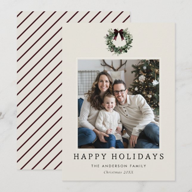 Happy Holidays Festive Christmas Wreath Photo Holiday Card (Front/Back)
