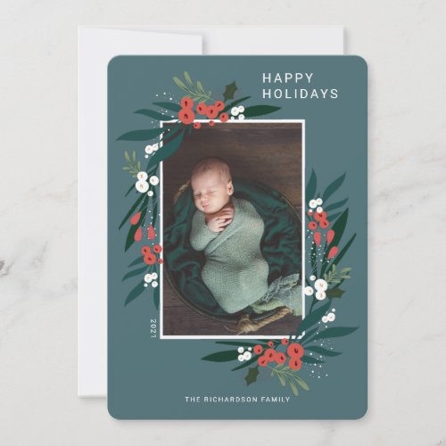 Happy Holidays Festive Cranberry  Foliage Photo Holiday Card