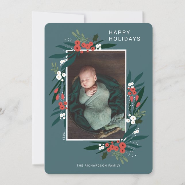 Happy Holidays Festive Cranberry & Foliage Photo Holiday Card (Front)