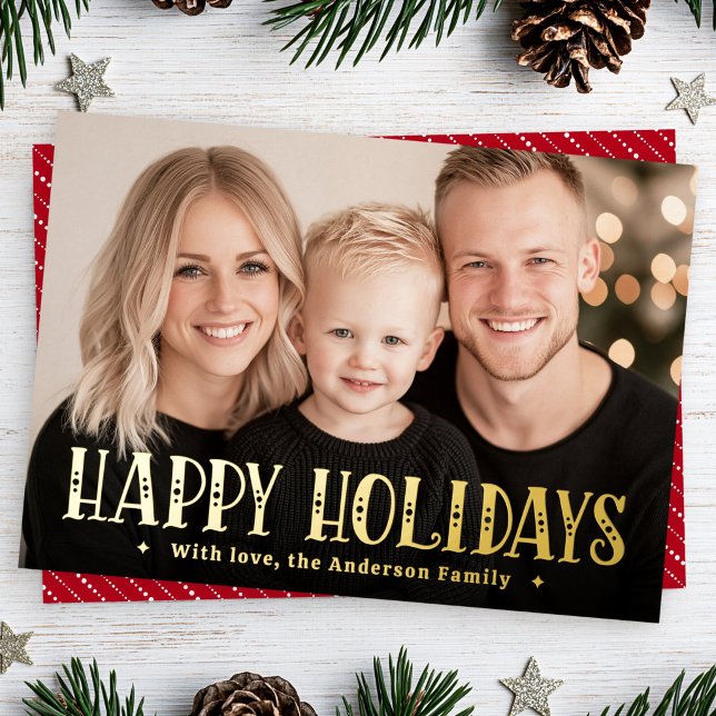 Happy Holidays festive dotted stripes red photo Foil Holiday Card (Happy Holidays festive dotted stripes red photo Foil Holiday Card)