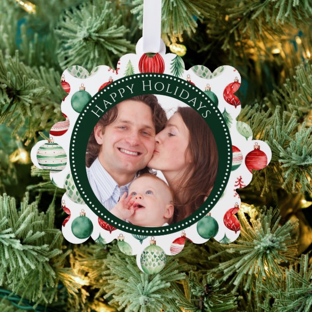 Happy Holidays Festive Family Photo  Ornament Card (Insitu (Tree))