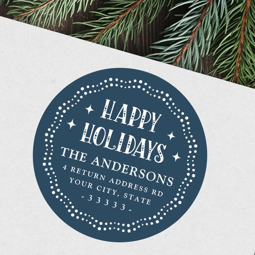 Happy Holidays festive font dot border dark blue Classic Round Sticker