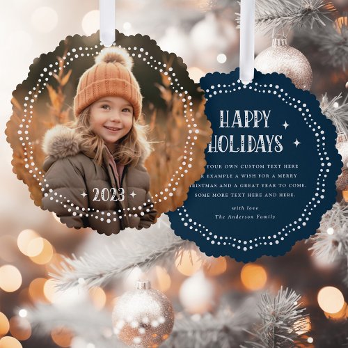 Happy Holidays festive font dot border dark blue Ornament Card