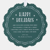 Happy Holidays festive font dot border pine green  Ornament Card (Back)