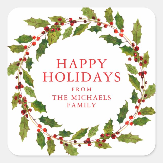 Happy Holidays | Festive Holiday Wreath Square Sticker (Front)