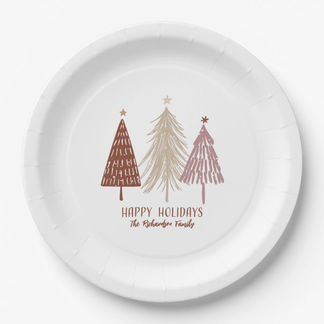 Happy Holidays Festive Merry Christmas Trees Chic Paper Plates (Front)
