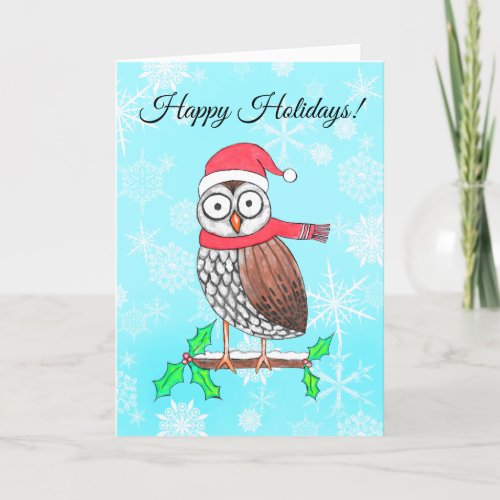 Happy Holidays Festive Owl Santa Hat Holiday Card