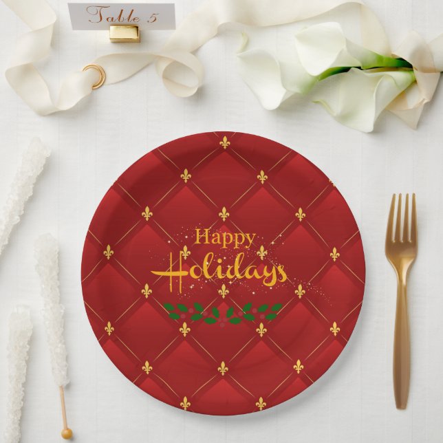 Happy Holidays, festive red and gold, Paper Plates (Wedding)