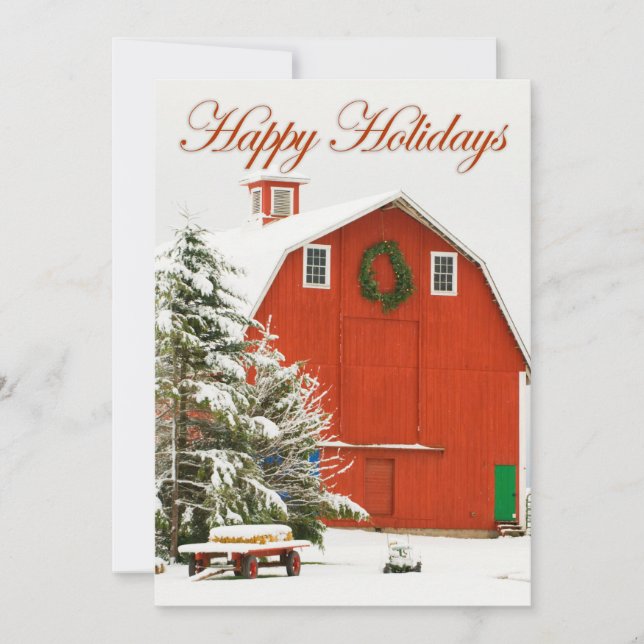 Happy Holidays - Festive red barn in fresh snow Holiday Card (Front)