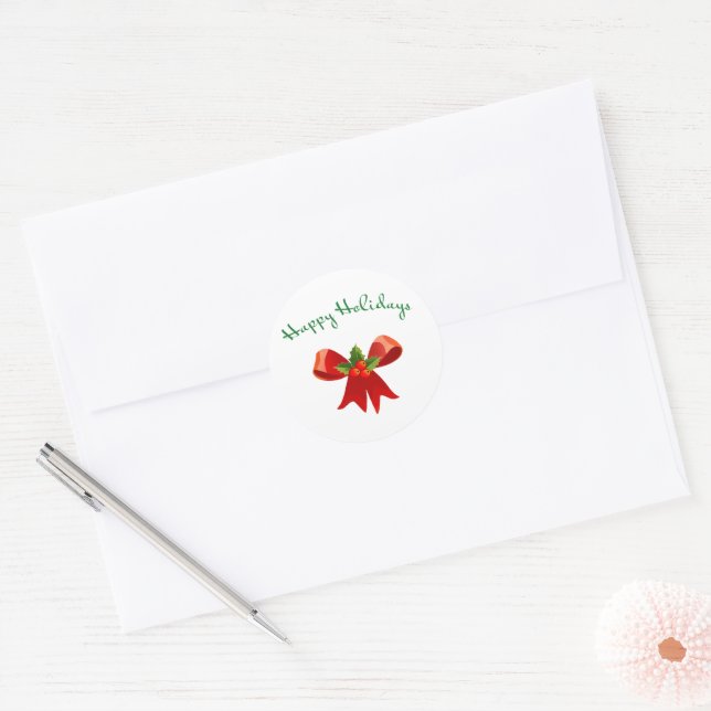 Happy Holidays Festive Red Bow Round Sticker (Envelope)