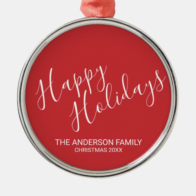 'Happy Holidays' Festive Red Metal Ornament (Front)