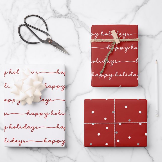 Happy Holidays Festive Red & White Wrapping Paper Sheets (Front)