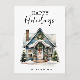 Happy Holidays Festive Watercolor House Holiday Postcard