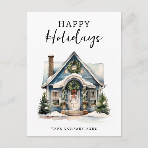 Happy Holidays Festive Watercolor House  Holiday Postcard