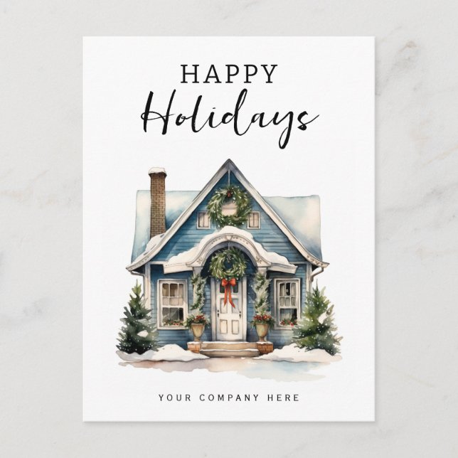 Happy Holidays Festive Watercolor House  Holiday Postcard (Front)