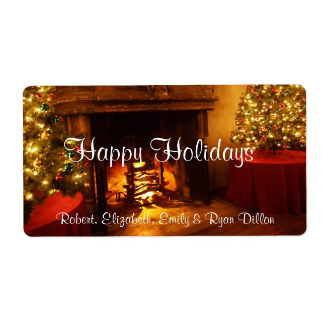 Happy Holidays Fireplace Christmas Tree Wine Label (Front)