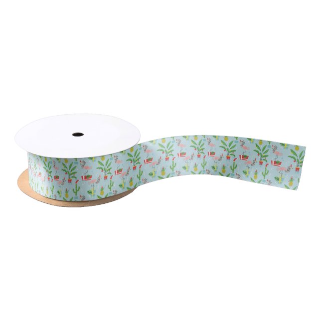 Happy Holidays | Flamingo & Pineapple Pattern Satin Ribbon (Spool)
