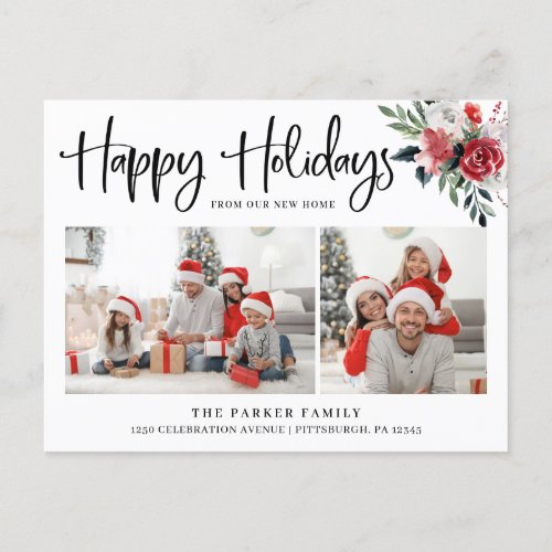 Happy Holidays  Floral Change of Address Photo Holiday Postcard