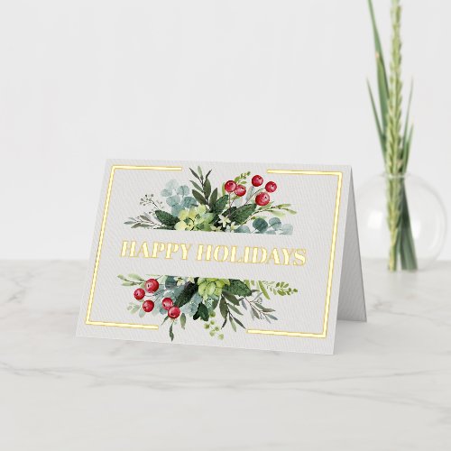 Happy Holidays Floral Gold Script Business Logo Foil Holiday Card