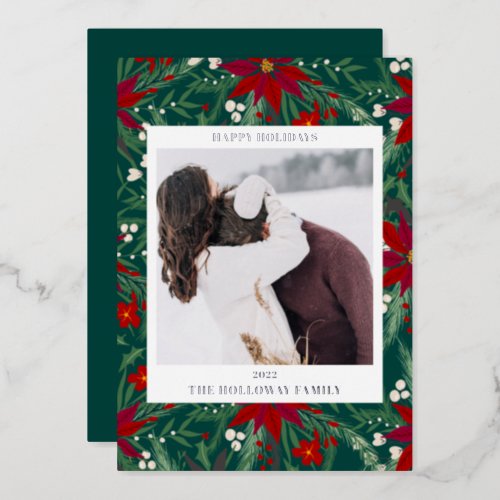 Happy Holidays floral red green photo Foil Holiday Card