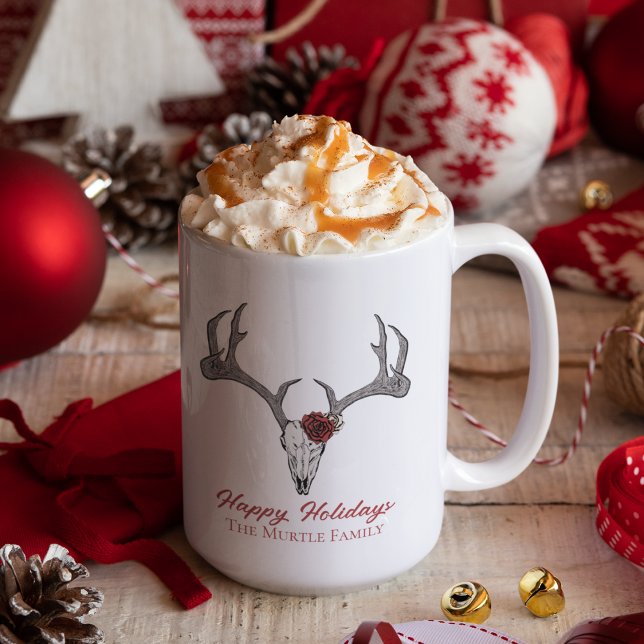 Happy Holidays Floral Reindeer Skull Bull Skull Coffee Mug (Elegant and Rustic Country Christmas Reindeer Skull and Red Roses Mug. Hand Drawn Illustration.)