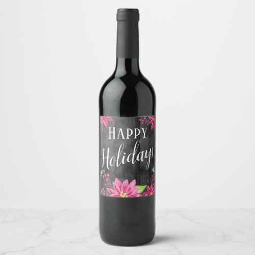 Happy Holidays Floral Wood Country Wine Label