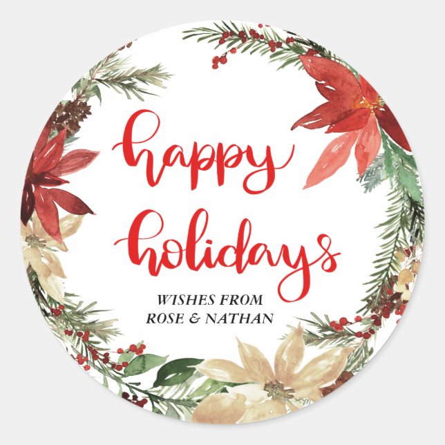 Happy Holidays Floral Wreath Modern Script Classic Round Sticker (Front)