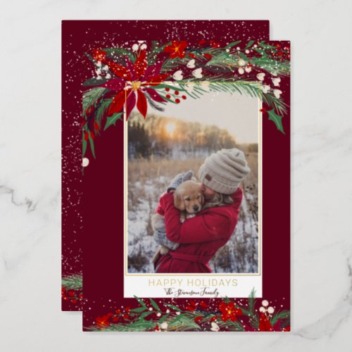 Happy holidays floral wreath snow photo  foil holiday card