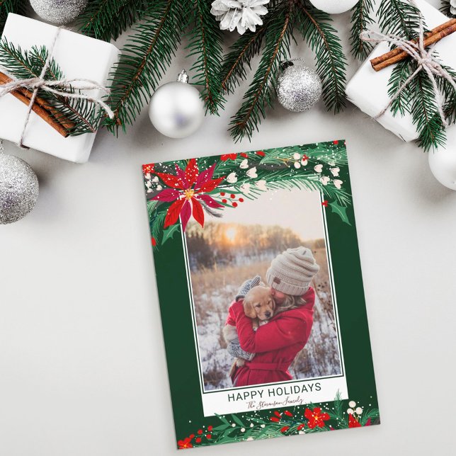 Happy holidays floral wreath snow photo holiday card (Creator Uploaded)