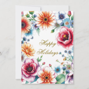 Happy Holidays Flowers Watercolor Merry Christmas Holiday Card